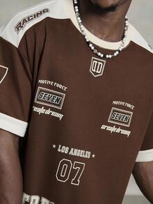 PAVTROS Men Summer Round Neck Short Sleeve Letter Printed Casual Jersey T-Shirt, Street Wear, Boyfriend Gift, Manfinity Hupemode Men Summer Casual Color Block Letter Print Short Sleeve T Shirt For Going Out For Friends, Street Wear Tops, Brown Jersey - Coffee Brown - View 5