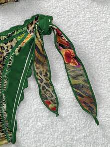 Soleia 复古彩色豹纹、斑马纹、花卉印花荷叶边挂脖系带流苏装饰沙滩比基尼套装，女士豹纹比基尼，波西米亚风比基尼，荷叶边比基尼 - 彩色 - 查看 4