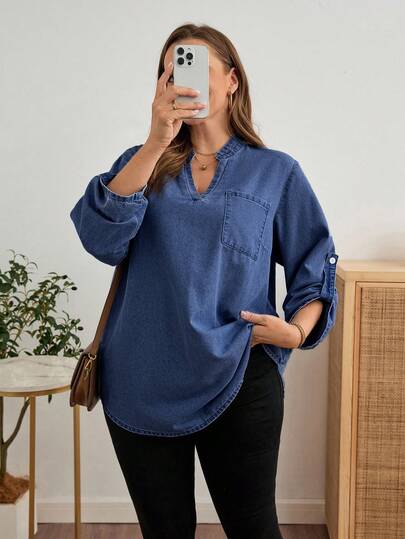 EMERY ROSE Mature Denim 大码女式V领卷袖休闲口袋牛仔衬衫