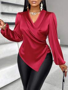 SOLERSUN 纯色裹身灯笼袖缎面衬衫 - 紅色 - 查看 4