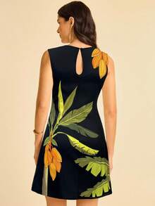 CAJUNI Women's Apricot Base Coconut Tree, Parrot And Tropical Fruit Print, Round Neck Sleeveless Fitted Ruched Print Summer Vacation Beach Mini Dress - Black - View 2