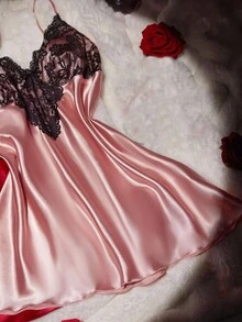 SHEIN 2 件套女士性感深 V 睡袍，撞色蕾丝缎面加大码睡衣 - 彩色 - 查看 3