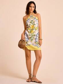 女士花卉印花休闲宽松挂脖迷你连衣裙，度假风 - 彩色 - 查看 3