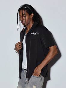 MODCRASH Men's Summer Short Sleeve Polo Shirt, Letter Print Fashionable Casual Shirt