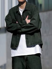 Claim Dot 男士休闲水洗通勤牛仔夹克，复古摇滚风，秋季款 - 墨綠色 - 查看 5