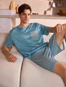 Men's Round Neck Striped Short Sleeve Casual Pajama Set, Summer - Multicolor - View 3