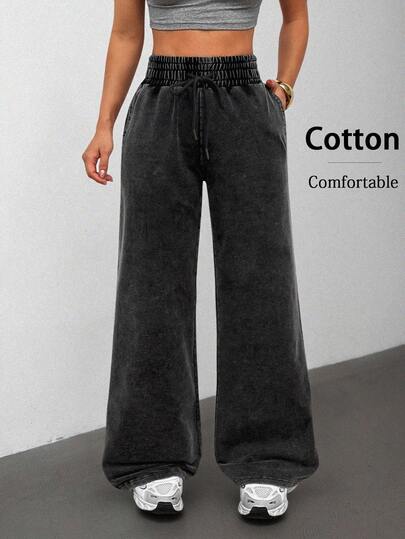 SHEIN PETITE Black Snow-Washed Ladies Knitted Sweatpants Wide Leg Sweatpants Baggy Sweatpants Oversized Pants Flared Sweatpants Loose Pants Boho Pants For Women Cowboy Pants For Women Loose Pants For Women Cotton Pants Women Wide Leg Pants