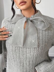 SHEIN Elenzya Soft & Fluffy Gray Sweater + Bow, Gorgeous For Autumn/Winter! - Light Grey - View 5