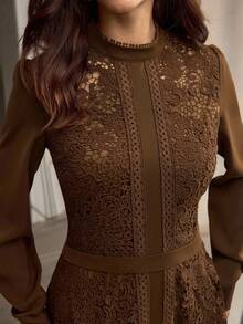 ZEYLAH Elegant Party Lace Patchwork Mid-Length Dress - Coffee - View 2