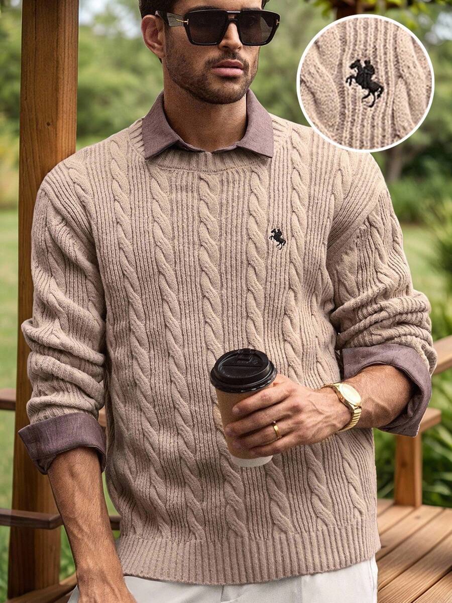 Manfinity BRENVOR 男士套头衫，厚针织长袖，修身廓形，带刺绣图案，秋冬男士针织毛衣粗针织毛衣男士男士米色毛衣针织套衫男士男士针织衫米色毛衣男士 - 卡其色 - 查看 1