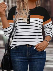 EMERY ROSE Women's Casual Colorblock Striped Print Plus Size T-Shirt, Autumn/Winter - Multicolor - View 4