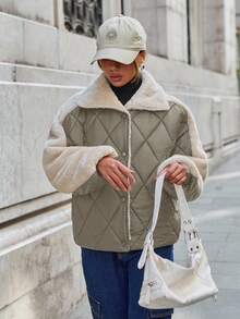 EURMUSE Padded Coat With Fur Collar And Patchwork, Two Pockets At Front, Snap Buttons, Quilting Details - Mocha Brown - View 7