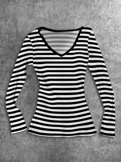 Attitoon Black & Gray Striped V-Neck Long Sleeve T-Shirt, Suitable For Women, Halloween, Goth, Punk, Y2K Style, Streetwear, Vintage, Back To School, Retro, Fall, Casual, Autumn/Winter, Hip-Hop, Aesthetic Style