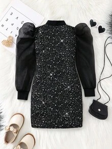 Unga flickor avslappnad gatustil glitter silver hög hals åtsittande puffärmad långärmad klänning, elegant svart klänning lämplig för vardagskläder, skola, jul, fest, födelsedag, fotografering på höst och vinter, mor-dotter-matchning - Svart - Visa 3