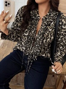 Blusa de moda con estampado de leopardo, parches y volantes en el bajo con lazo delantero para mujer talla grande - Multicolor - Ver 3