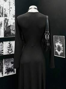 EgrlEra Women's Long Sleeve V-Neck Black Waist Cinched Vintage Silver Sequin Floral Trim Dress, Suitable For Everyday Wear - Black - View 2