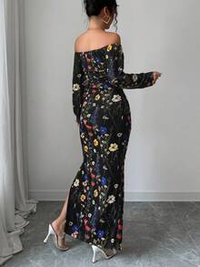 Rafferiza Women's Elegant Off Shoulder Floral Branch Print Mesh Elastic Waist Ruched Bodycon High Slit Lantern Sleeve Dress - Black - View 2
