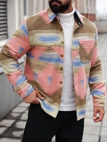 Manfinity Homme 男士几何图案长袖单排扣休闲口袋夹克，秋季 - 彩色 - 查看 6