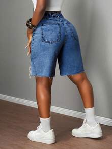 Slaydiva Quần short denim nữ cạp thấp, rộng rãi, rách 5 điểm, họa tiết kim cương Bermuda / Quần short denim xanh nhạt / Quần áo nữ mùa thu / Trở lại trường / Quần áo đồng quê nữ / Quần áo hòa nhạc đồng quê / Quần áo nữ cổ điển / Quần áo đi chơi / Quần áo sân bay nữ / Trang phục đường phố nữ / Quần áo nữ phong cách Y2K - Rửa trung bình - Xem 2
