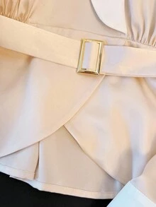 Franclia 女士优雅十字交叉设计杏色拼色上衣和黑色裤子两件套，适合圣诞节、秋冬季 - 卡其色 - 查看 4