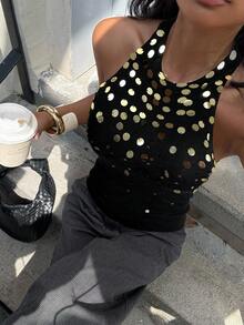 Siren Gaze 女式露背U型亮片修身时尚吊带背心 - 黑色 - 查看 3