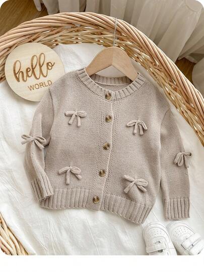 SHEIN Babygirl Apricot Bow Knit Cardigan, Versatile For Autumn/Winter Baby Girl Cardigan Baby Knit Cardigan Newborn Cardigan Baby Girl Knitwear Beige Baby Cardigan Fall