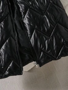 Teen Girl Black Winter Casual Fashionable Hooded Padded Coat,Shiny Pleated Woven Fabric,Unique Cinched Waist Design,Loose & Comfortable,Daily Commute - Black - View 4