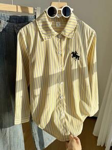 Tween 女童休闲百搭百搭学校/通勤日常刺绣黄色条纹长袖宽松衬衫秋冬 - 黃色 - 查看 4
