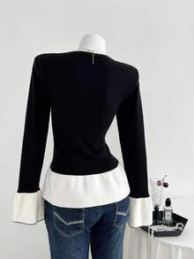 Flirla Women's Fashionable Color Block Tight Fit Sexy Sweater - Black and White - View 2