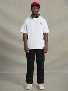 PAVTROS 男士夏季字母和心形印花圆领休闲短袖 T 恤，街头装，适合说唱歌手，适合外出 - 白色 - 查看 3