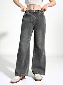 Tween Girl 水洗宽松直筒牛仔裤，休闲百搭，时尚日常穿着