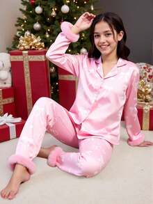 Girls Casual 2 Pieces Set, Featuring Cartoon Bow Pattern, Fluffy Cuff Long Sleeve Top And Long Pants, Pink, Comfortable Loungewear Fall Winter - Pink - View 14