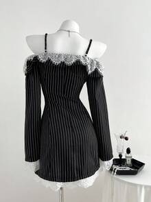 Elamini 1pc Black & White Striped Off Shoulder Splice Contrast Color Lash Lace Sexy Elegant Casual Long Sleeve Dress For Women, Autumn/Winter