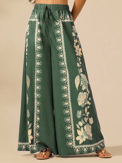 CAJUNI 女士波西米亚风热带植物印花长裤，休闲度假沙滩阔腿裤，夏季必备