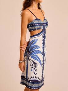CAJUNI Women's Vacation Palm Tree Print Cutout Waist Sexy Spaghetti Strap Dress - Multicolor - View 7
