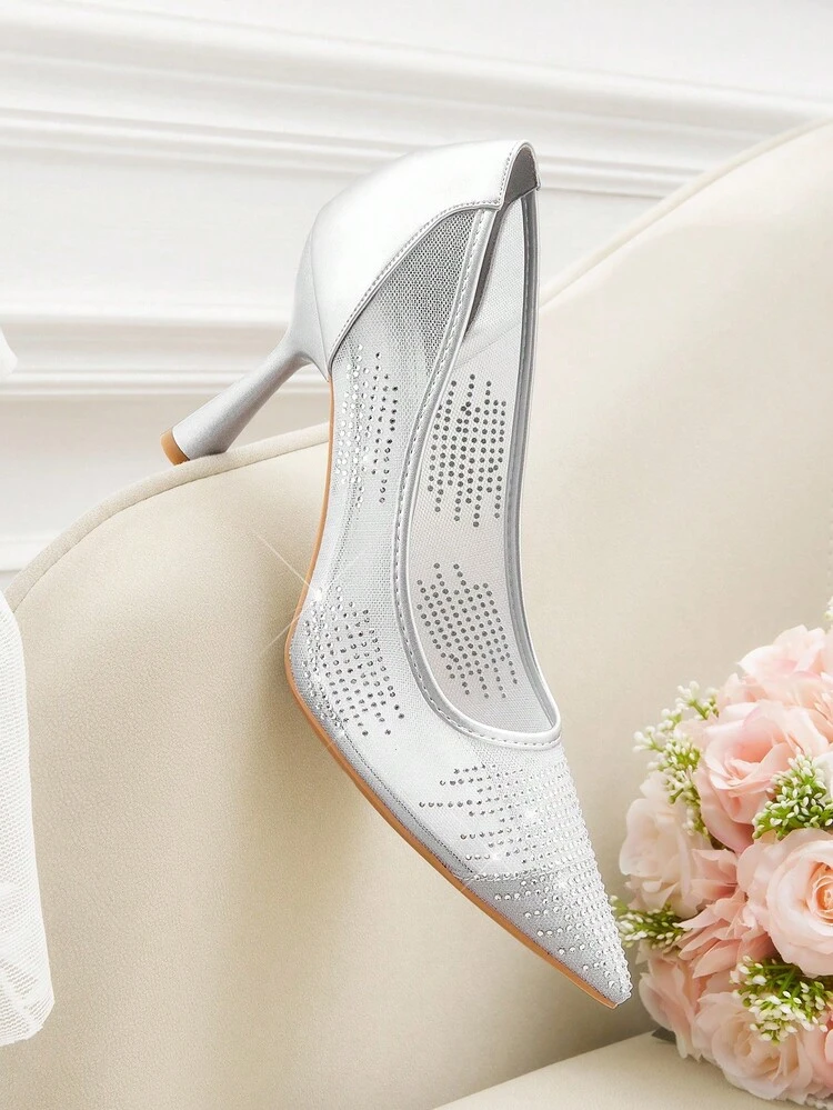 CUCCOO HITCHD Zapatos de tacón alto de punta fina con brillos plateados y rhinestones para mujer, elegantes y de moda. Adecuados para boda, dama de honor, fiesta, banquete, cita, vacaciones, Navidad, Año Nuevo, Día de San Valentín. Cómodos.