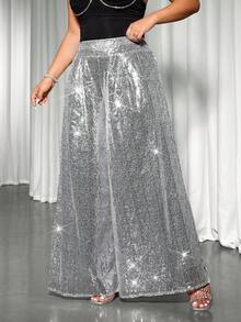 Cravure Plus Size Fashionable Party Sequin Wide Leg Pants - Silver - View 5