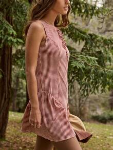 Aralina Women's Red And White Plaid Summer Cottage Core Picnic Mini Dress Casual Gingham Fit And Flare Tie Up Front Corset Detail At Back Halloween Outfits - Multicolor - View 5