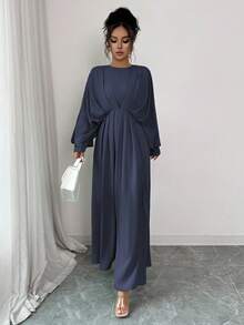 Elenzga 女士优雅简约高端休闲连衣裙，适合办公室、通勤、海滩、音乐节、下午茶、德比、帆船赛，纯色圆领二合一腰部荷叶边褶皱蝙蝠袖 A 字长裙，春夏 - 藏蓝色 - 查看 5