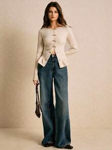 Poéselle 新款秋季欧美风优雅精致短款蕾丝拼布女式开衫 - 杏色 - 查看 4