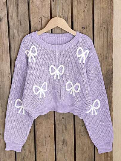Sparklyn New Fashionable Versatile Cute Bow Knit Pullover Sweater For Girls Purple Sweater For Girls Bow Tops For Girls Girl Knit Set 12 Year Old Girl Jumper Purple Lilac Girl Sweater Fall Winter 12 Year Old Girl Jumper Purple Or Lilac Girl Bow Clothing