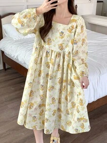 DAZY 可爱卡通印花方领泡泡袖宽松女式睡袍，适合秋季睡衣 - 黃色 - 查看 1