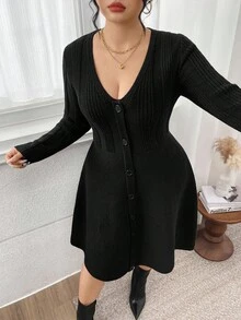 Modelyn 秋季大码女式纯色V领长袖纽扣设计休闲针织连衣裙 - 黑色 - 查看 6