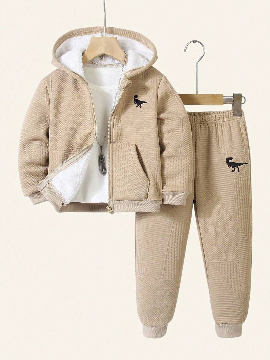 SHEIN Genkimix Kids 2 件套可爱卡通印花拉链连帽衫和慢跑裤套装,休闲街头服饰,舒适秋冬 - 杏色 - 查看 1