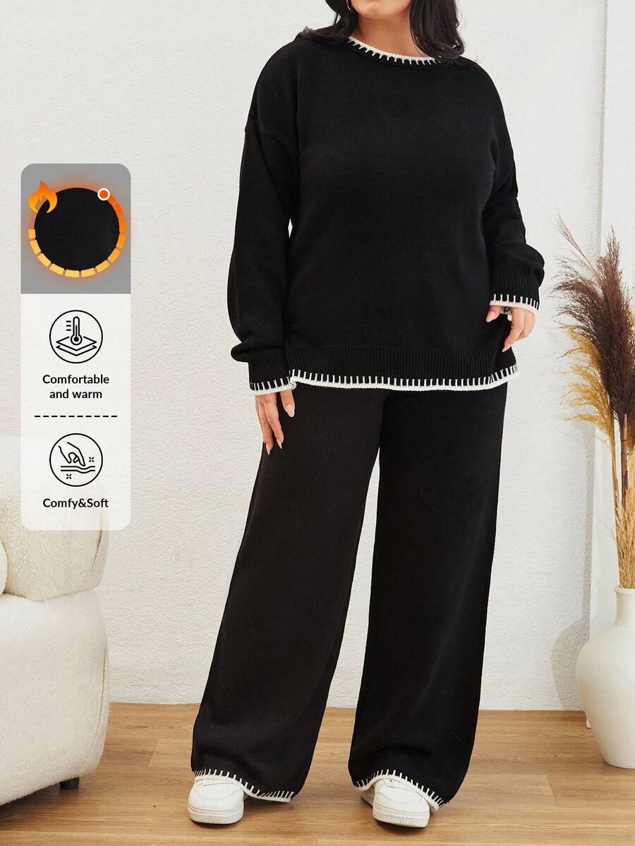 EURMUSE Plus Size Color Block Edged Long Sleeve Sweater And Knitted Pants Two Pieces Set, For Winter - Black and White - View 1