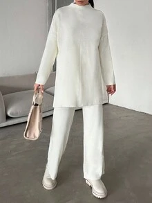 EURMUSE Women's Casual Solid Color Knitted Sweater And Pants 2 Pieces Set, Autumn/Winter - White - View 4