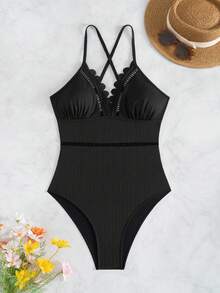 Swim Basics Beach Outfits For Women Vacation Knitted Solid Small Rib Hollow Petal Design One-Piece Swimsuit For Summer Beach Vacation - Black - View 7