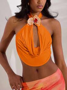 Opulessa 1pc Women Solid Color Knit Halter Backless Top, Casual Beach Top, Elegant Party Outfit, L Fall Winter Clothes, Sexy Club Outfits