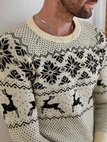 Manfinity Homme Men's Casual Geometric Deer Pattern Round Neck Raglan Sleeve Sweater, Autumn Christmas - Apricot - View 3