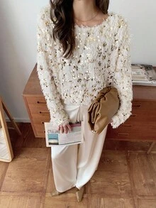 Elyressa 一件时尚蓬松亮片欧式宽松圆领套头毛衣，短款柔软舒适优雅女士冬季款 - 杏色 - 查看 3